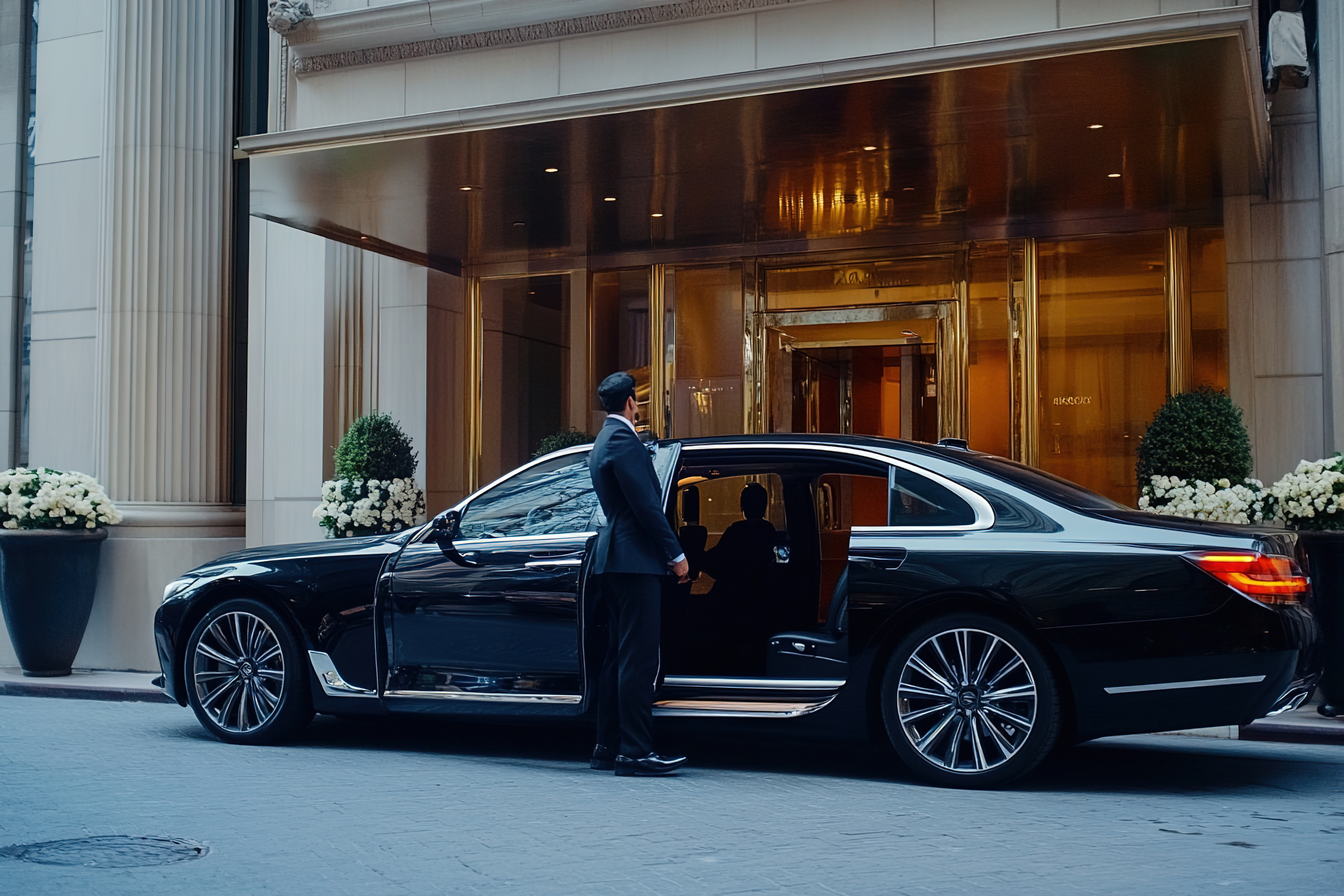 Professional chauffeur opening luxury car door